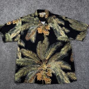 Tommy Bahama Hawaiian Black Shirt Mens L 100% Silk Camp Palm Trees